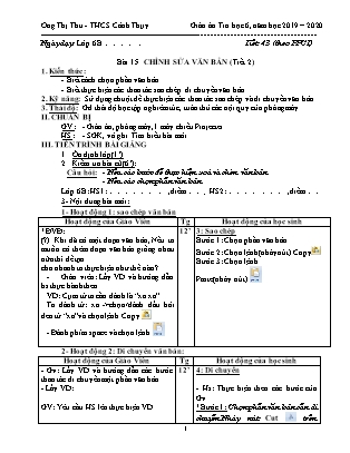 Giáo án Tin học 6 - Bài 15: Chỉnh sửa văn bản (Tiết 2) - Năm học 2019-2020 - Ong Thị Thu