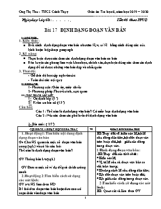 Giáo án Tin học 6 - Bài 17: Định dạng đoạn văn bản (Tiết 46) - Năm học 2019-2020 - Ong Thị Thu