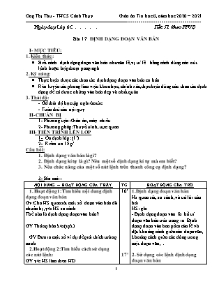 Giáo án Tin học 6 - Bài 17: Định dạng đoạn văn bản (Tiết 51) - Năm học 2020-2021 - Ong Thị Thu