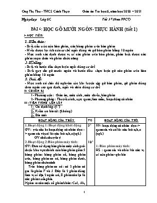 Giáo án Tin học 6 - Bài 6: Học gõ mười ngón - Thực hành (Tiết 1) - Năm học 2020-2021 - Ong Thị Thu
