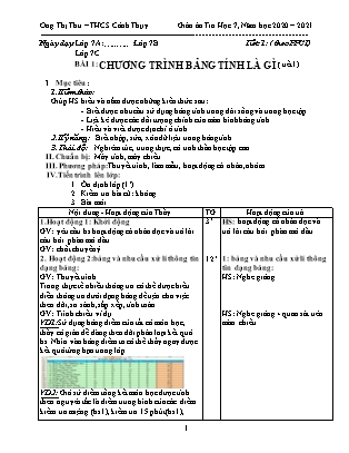 Giáo án Tin học 7 - Bài 1: Chương trình bảng tính là gì (Tiết 1) - Năm học 2020-2021 - Ong Thị Thu