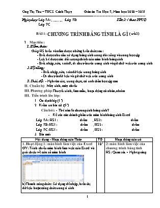 Giáo án Tin học 7 - Bài 1: Chương trình bảng tính là gì (Tiết 2) - Năm học 2020-2021 - Ong Thị Thu