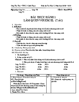 Giáo án Tin học 7 - Bài thực hành 1: Làm quen với exel (Tiết 1) - Năm học 2020-2021 - Ong Thị Thu