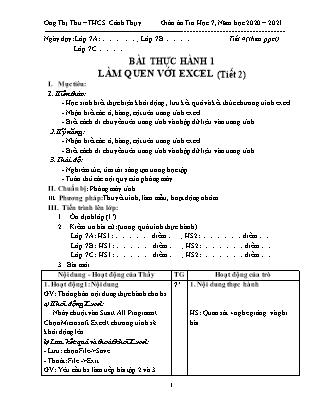 Giáo án Tin học 7 - Bài thực hành 1: Làm quen với Exel (Tiết 2) - Năm học 2020-2021 - Ong Thị Thu