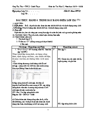 Giáo án Tin học 7 - Bài thực hành 6: Trình bày bảng điểm lớp em (Tiết 2) - Năm học 2019-2020 - Ong Thị Thu