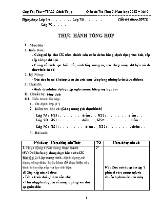 Giáo án Tin học 7 - Tiết 64: Thực hành tổng hợp - Năm học 2018-2019 - Ong Thị Thu