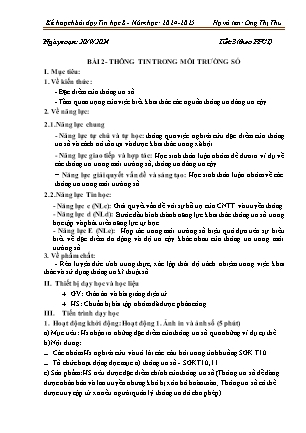 Kế hoạch bài dạy Tin học 8 - Bài 2: Thông tin trong môi trường số - Năm học 2024- 2025 - Ong Thị Thu